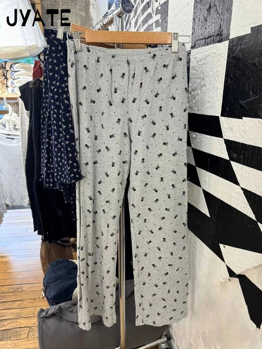 Skull Print Cotton Soft Long Pants Women New Harajuku Casual Elastic High Waist Pajama Straight Pant Vintage Chic Y2K Trousers