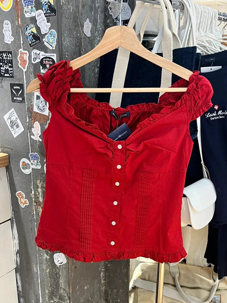 Vintage Red Folds Blouse Top Women Casual Single Breasted Ruffle Sleeveless Tank Tops Vest Girls Sweet Preppy Style Camisole Y2K