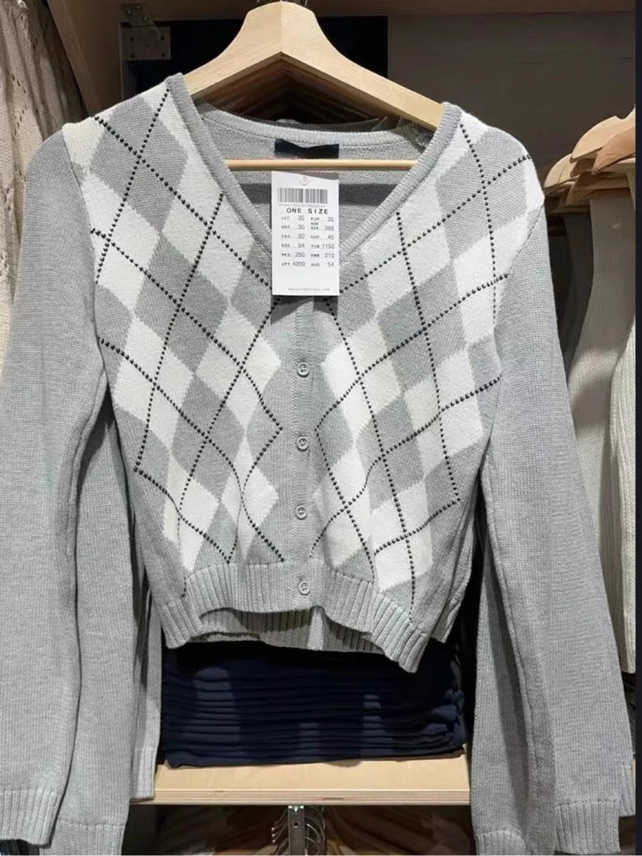 Vintage Plaid Knitted V-neck Cardigan Women New Cotton Slim Gray Streetwear Patchwork Sweater Coat Harajuku Chic Y2K Jumper Tops