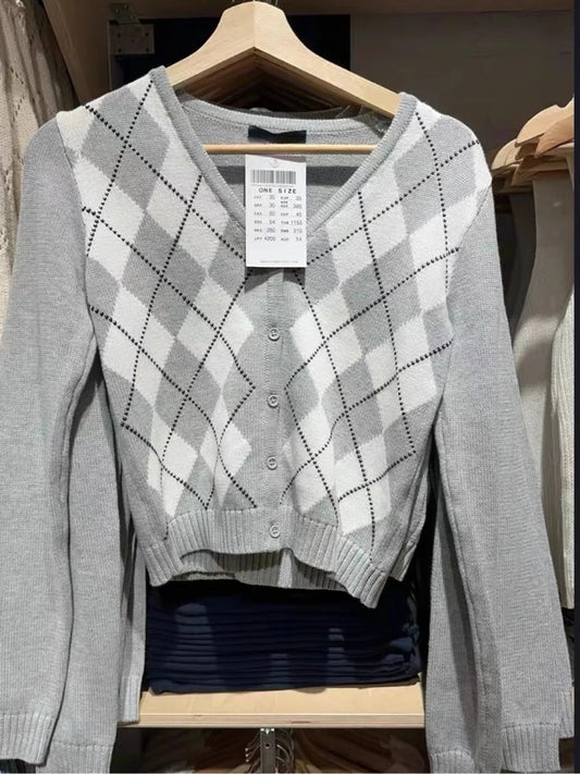 Vintage Plaid Knitted V-neck Cardigan Women New Cotton Slim Gray Streetwear Patchwork Sweater Coat Harajuku Chic Y2K Jumper Tops