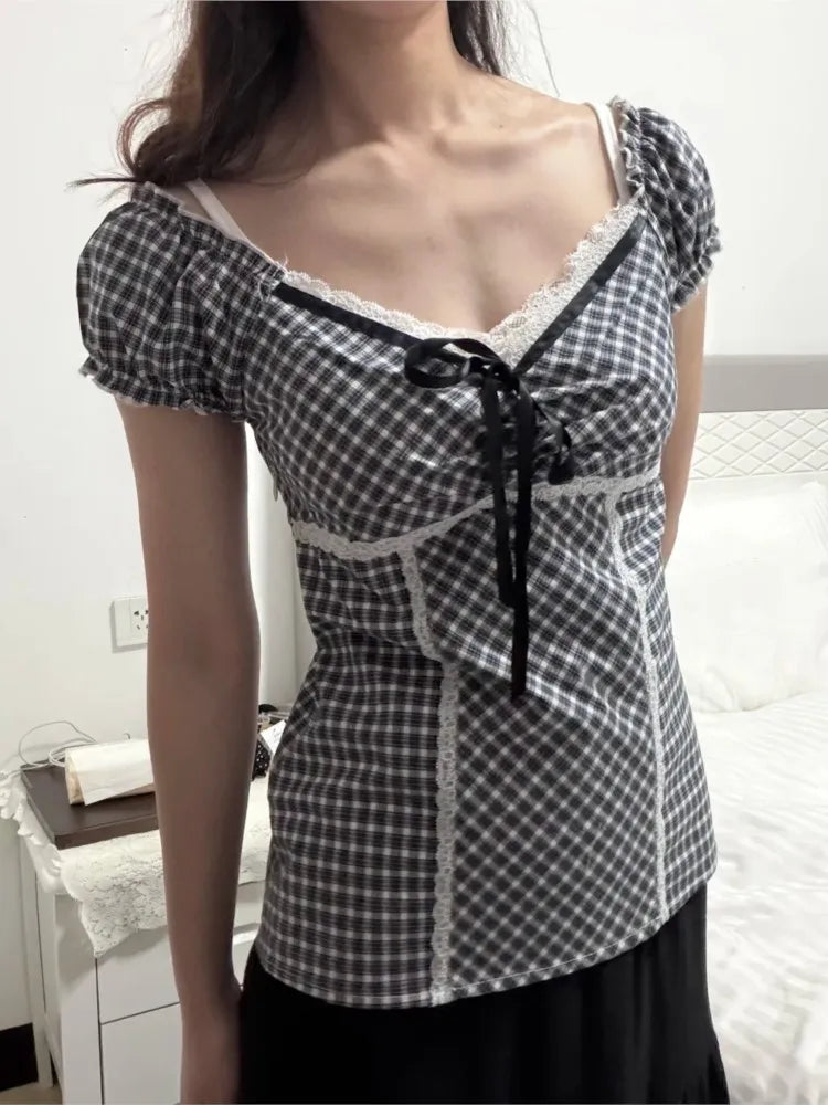 Plaid Lace Trim Tie T-shirts Women Elegant Fairy Style Square Neck Cotton Short Sleeve Tees Female Sweet Cute Ballet T Shirt Y2K