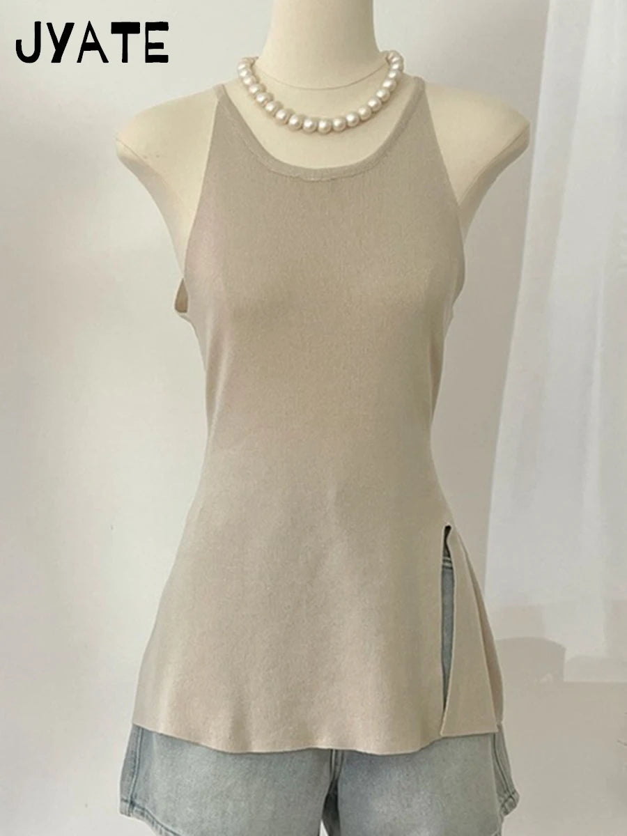 Sweet Apricot Cotton Knitted Tank Tops Women Summer New Casual Simple O-neck Sleeveless Vests Basic Cute Vintage Camisole Y2K