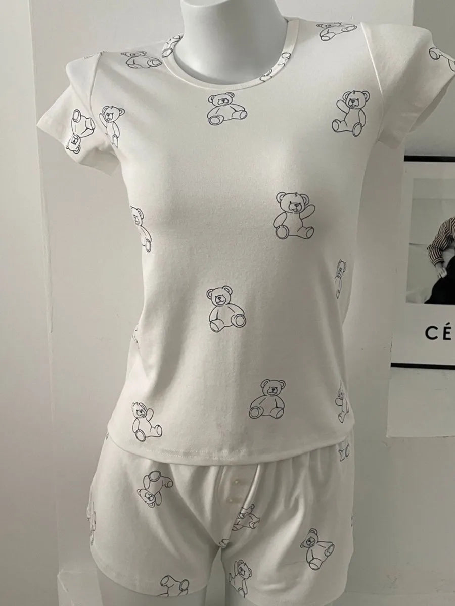 Eyelet Floral Print T-shirt Shorts Outfit Women Cotton O-neck Slim Tees +Buttons Straight Sweatshort Sweet Home 2 Pieces Set New