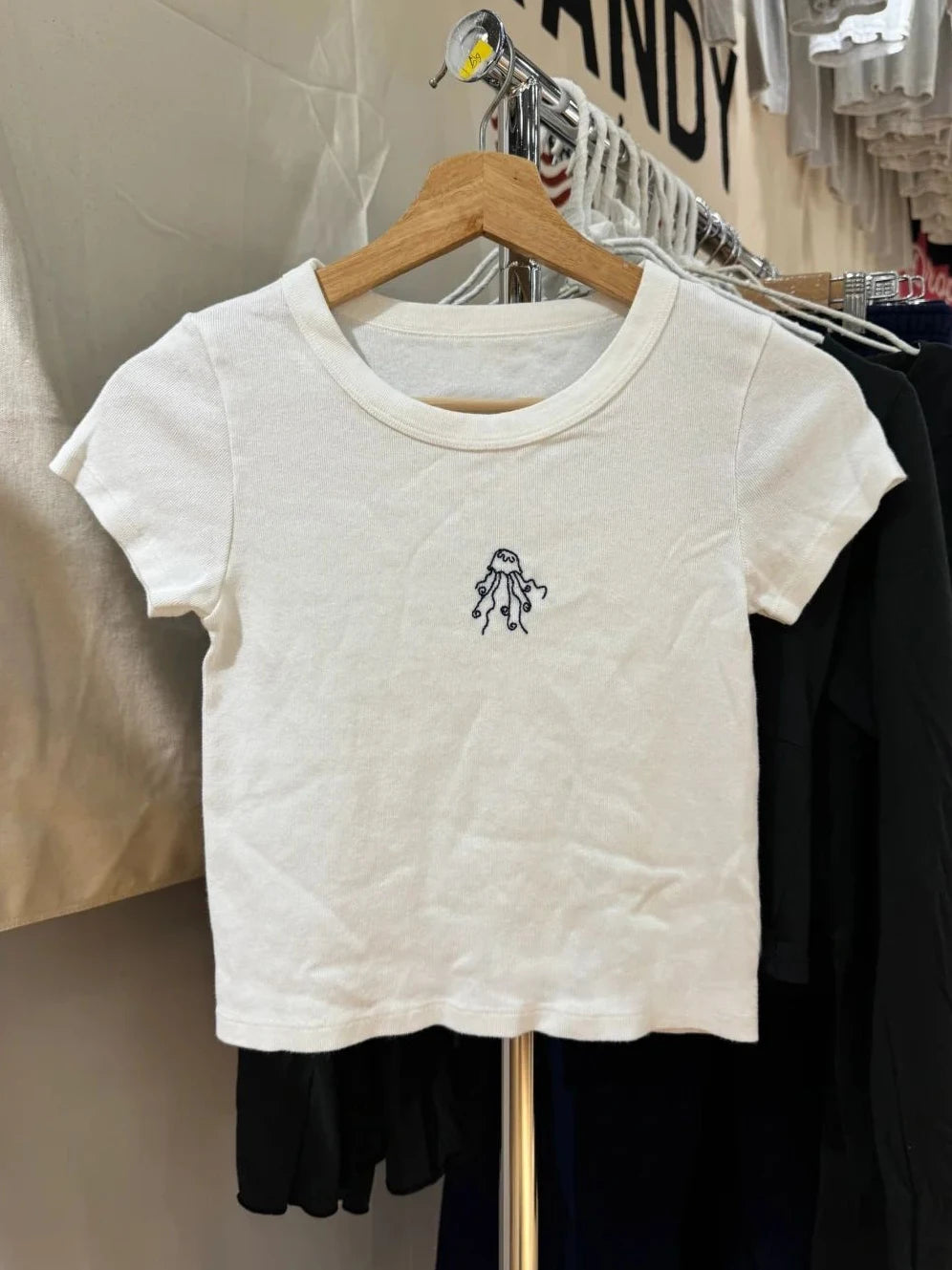 Cute Jellyfish Embroidery Crop Top Woman Summer Round Neck Short Sleeve Cotton Cropped Tees Sweet Preppy Style Slim Tshirts Tops