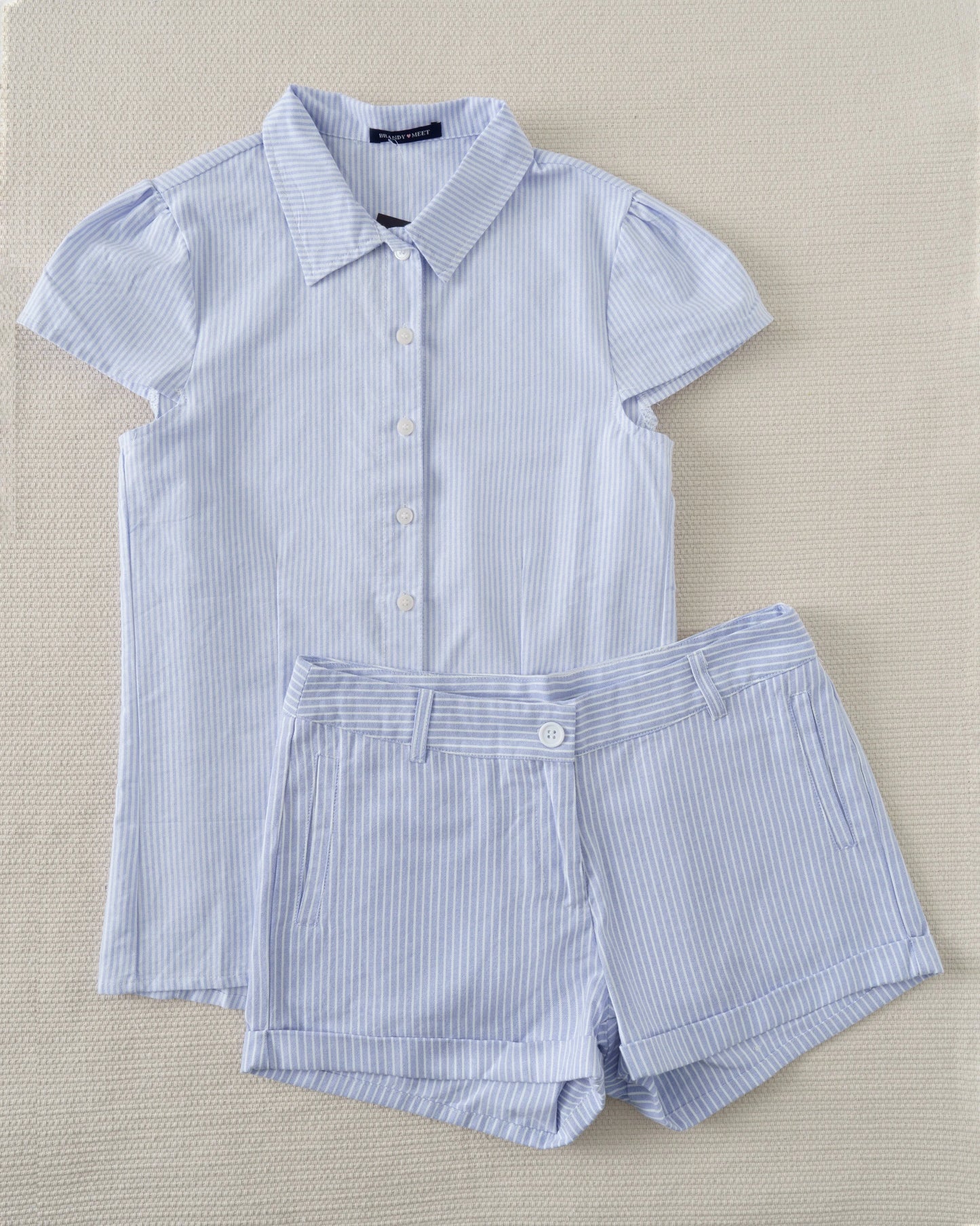 Blue Striped Blouse T-shirt Short Set Women Summer Buttons Slim Tees+Straight Sweatshorts Outfits Sweet Home Pajama 2 Piece Sets
