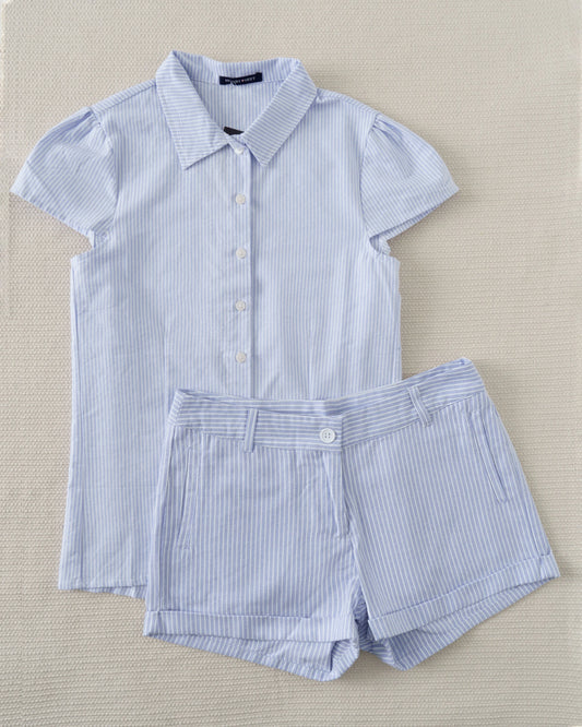 Blue Striped Blouse T-shirt Short Set Women Summer Buttons Slim Tees+Straight Sweatshorts Outfits Sweet Home Pajama 2 Piece Sets