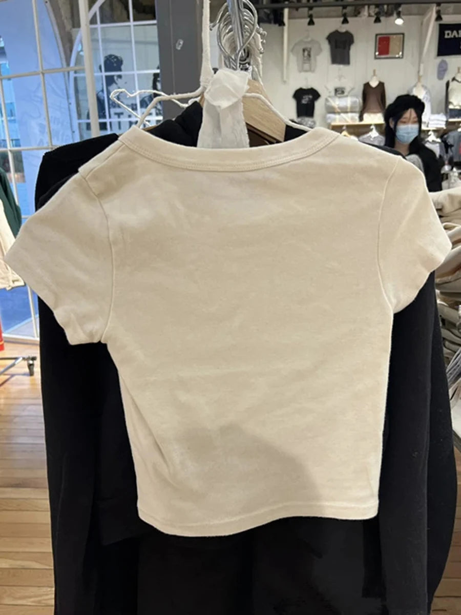 Letter Graphic Print T-shirts Women Summer Casual Beige Slim Cotton Short Sleeve Tees Female Sweet Streetwear Vintage Chic Tops
