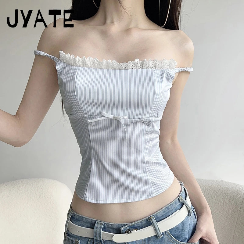 Fashion Blue Striped Square Collar Camisole Women New Slim Sexy Lace Trim Bow Sleeveless Vests Sweet Cute Vintage Tank Tops Y2K