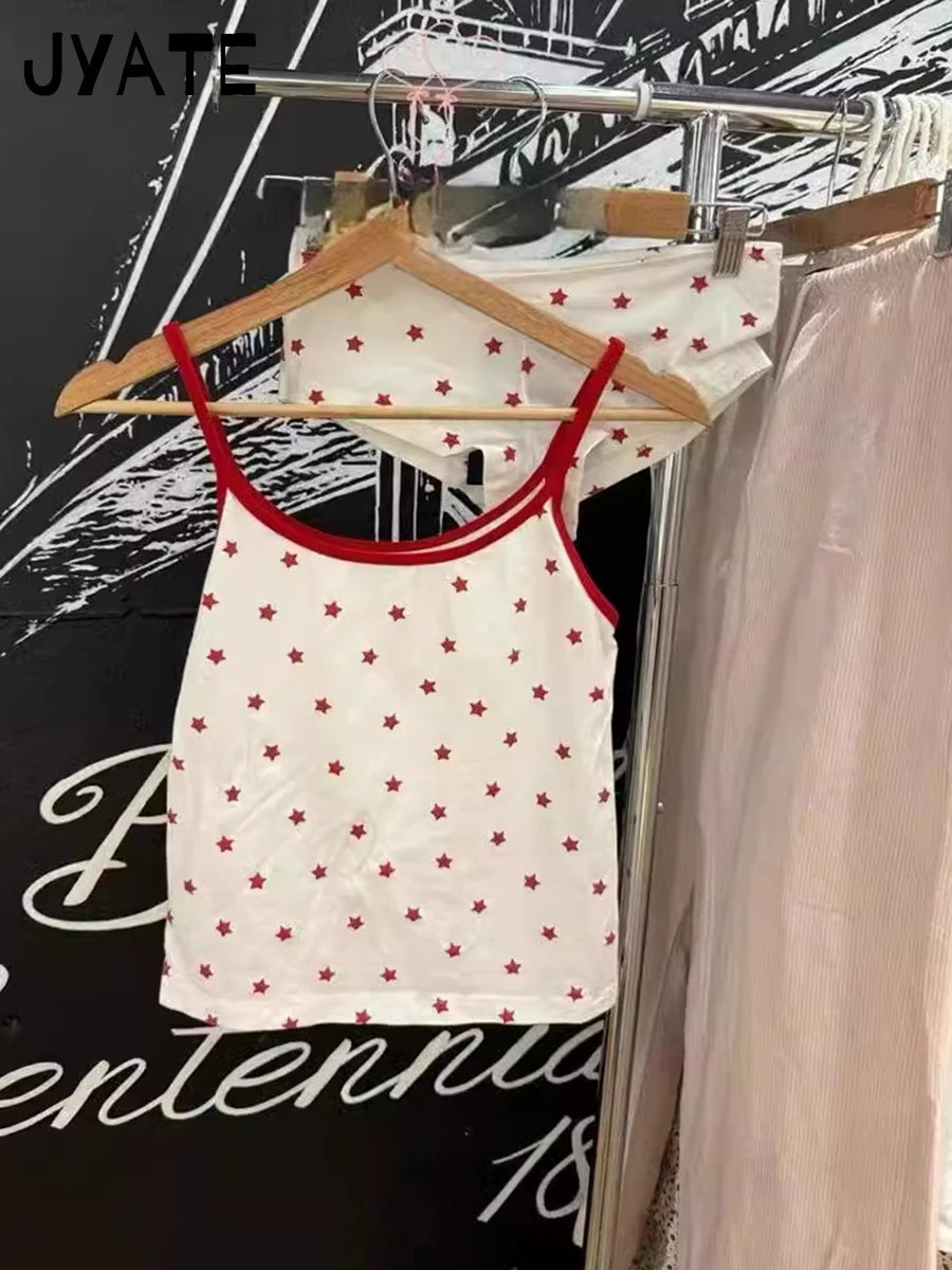 Sweet Red Stars Print Sleeveless Vests Women Summer New Cotton Casual Slim Preppy Style Tank Tops Cute Streetwear Vintage Camis