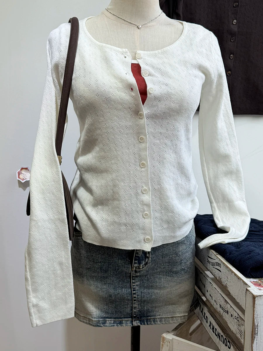 Pink Eyelet Slim Long Sleeve T-shirts Women Preppy Style O-neck Single Breasted Cotton Tee Shirts Sweet Cute Vintage Tops