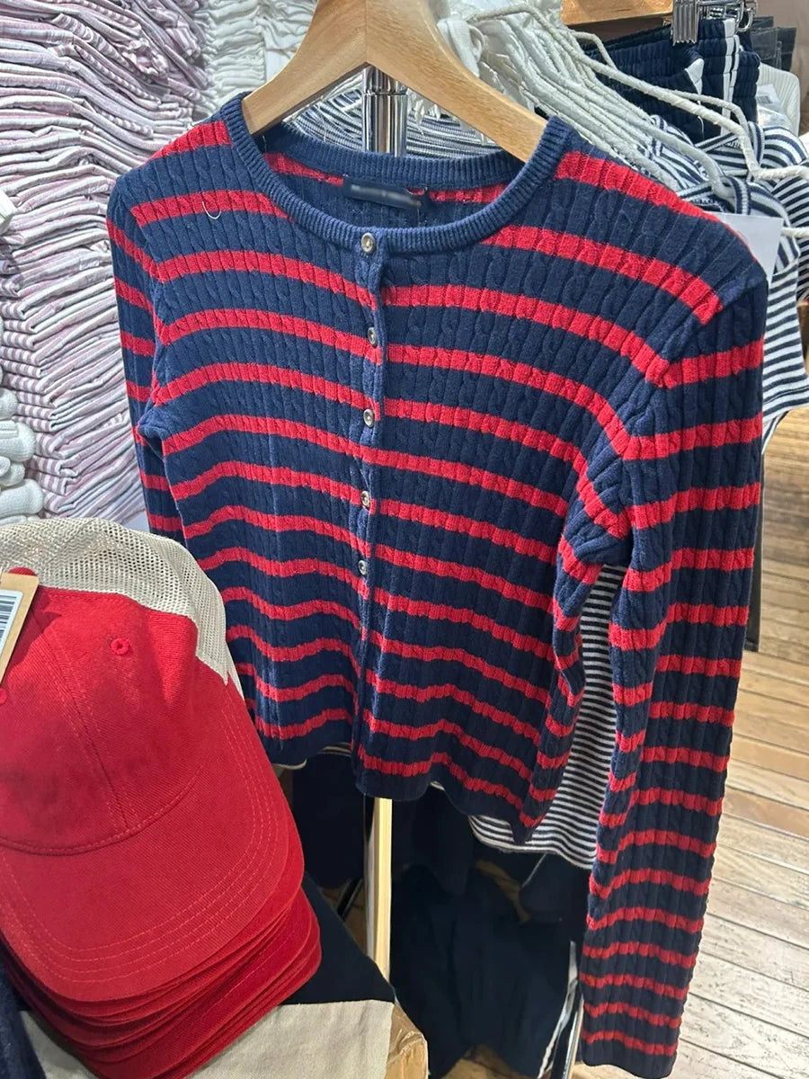 Red Black Striped Twist O-neck Knitted Sweaters Cardigan Women Cotton Casual Street Jumper Coat Harajuku Vintage Chic Cardigant