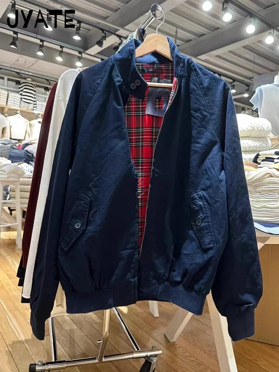 Harajuku Internal Red Plaid Zipper Flight Jacket Women Autumn Cotton Thick Stand Collar Loose Jackets Chic Vintage Y2K Coat Tops