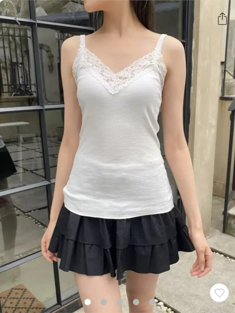 Lace Trim Four Buttons Slim Tank Top Woman Summer V-neck Sleeveless Cotton White Simple Vest Vintage Sweet Basic Camisole