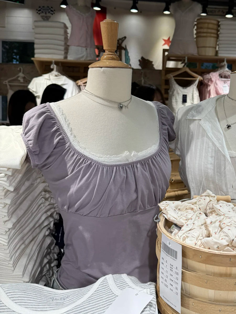 Purple Ruffle Slim Short Sleeve Tee Women Summer Square Collar Cotton Mesh Folds T-shirts Female Aesthetic Sweet Cute Y2K Tops