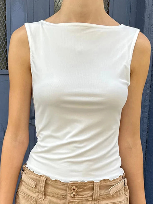 Sweet Solid Ruffle Mesh Tank Tops Women Summer New O-neck Cotton Casual Sleeveless Vests Female Vintage Chic Slim Crop Tops Y2K