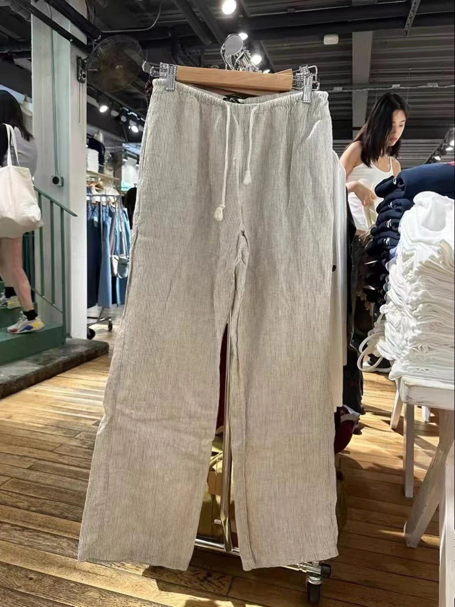 White Drawstring Straight Sweatpants Women Spring Y2K Cotton Linen Casual High Waist Trousers Sweet Cute Sport Long Pants New