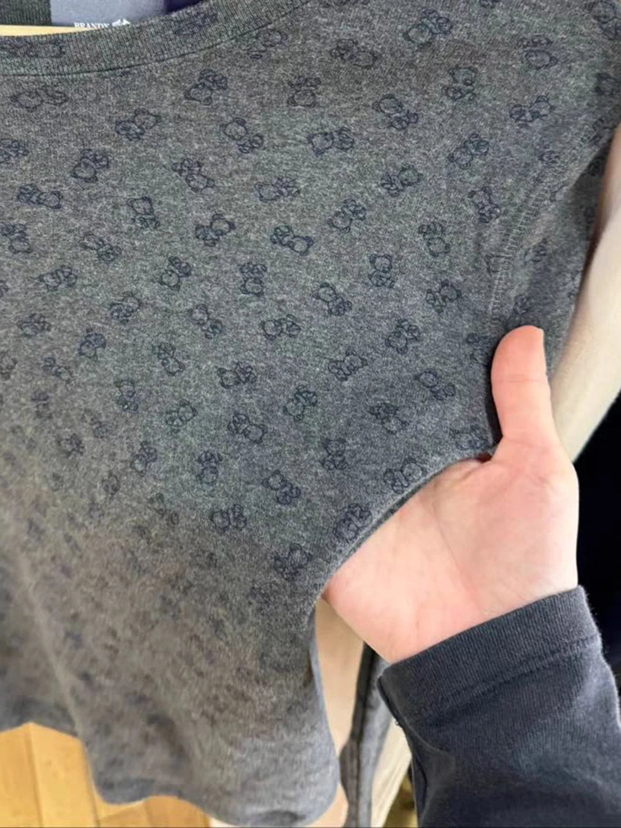 Vintage Little Bears Long Sleeve T-shirt Women Autumn O-Neck Cotton Slim Dark Gray Tee Shirt Female Streetwear Sweet Y2K TShirts
