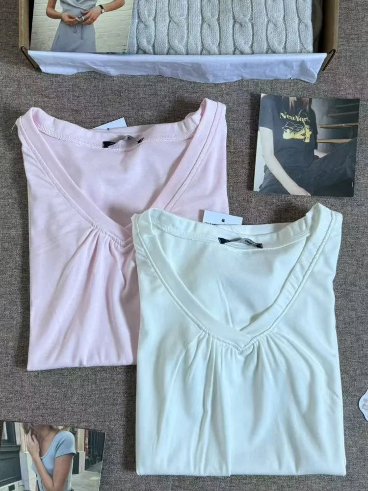 Pink V-neck Slim T-shirts Women Casual Streetwear Cotton Soft Short Sleeve Tees Sweet Cute Chic Tshirts Y2K