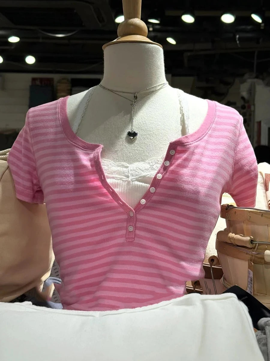 Pink Striped Buttons T-shirts Women Summer Cotton O-neck Casual Simple Short Sleeve Tees Sweet Cute Preppy Style Tshirt Y2K Top