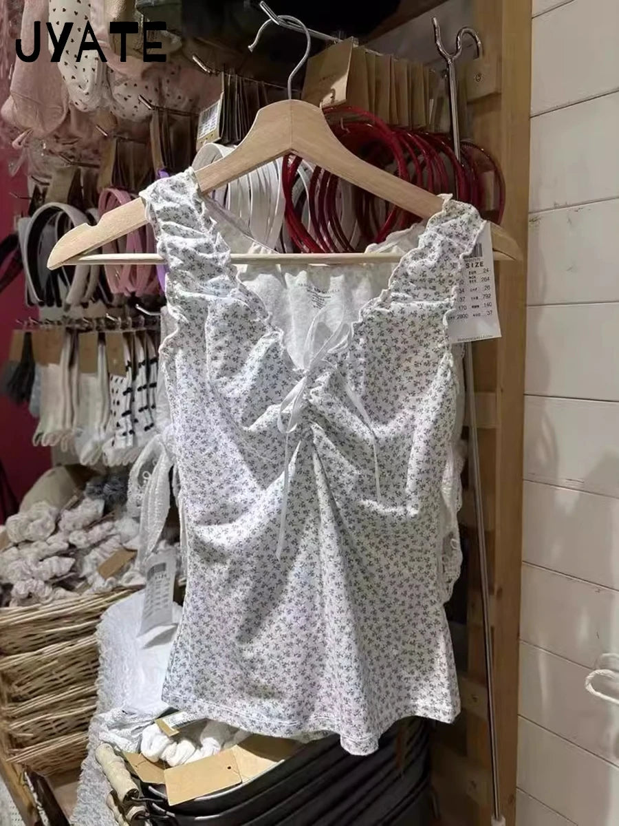 New Floral Print Fungus V-neck Tank Top Women New Cotton Preppy Style Casual Lace-up Folds Vests Sweet Cute Vintage Camisole Y2K