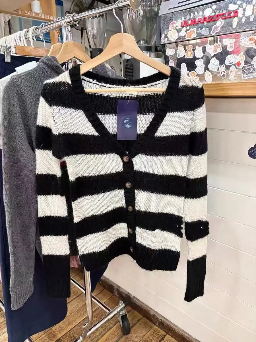 Striped Mohair Long Sleeve T-Shirt Cardigan Women Autumn V-Neck Cotton Thin Smock Button Top Vintage Sweet Cute Tee Shirt Tops