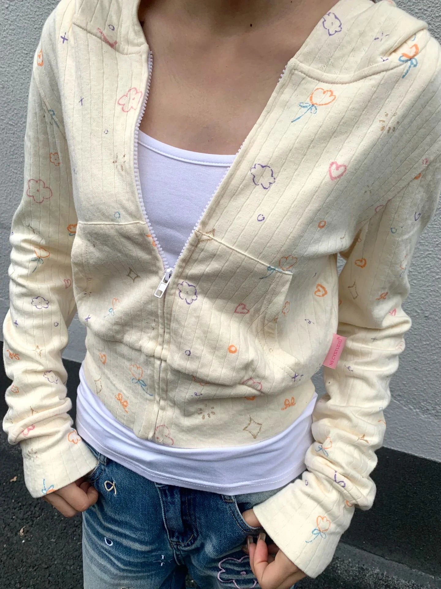 Sweet Print Zip-up Cropped Hoodie Woman Autumn Slim Long Sleeve Cotton Crop Top Preppy Style Streetwear Cute Sweatshirts Top Y2K