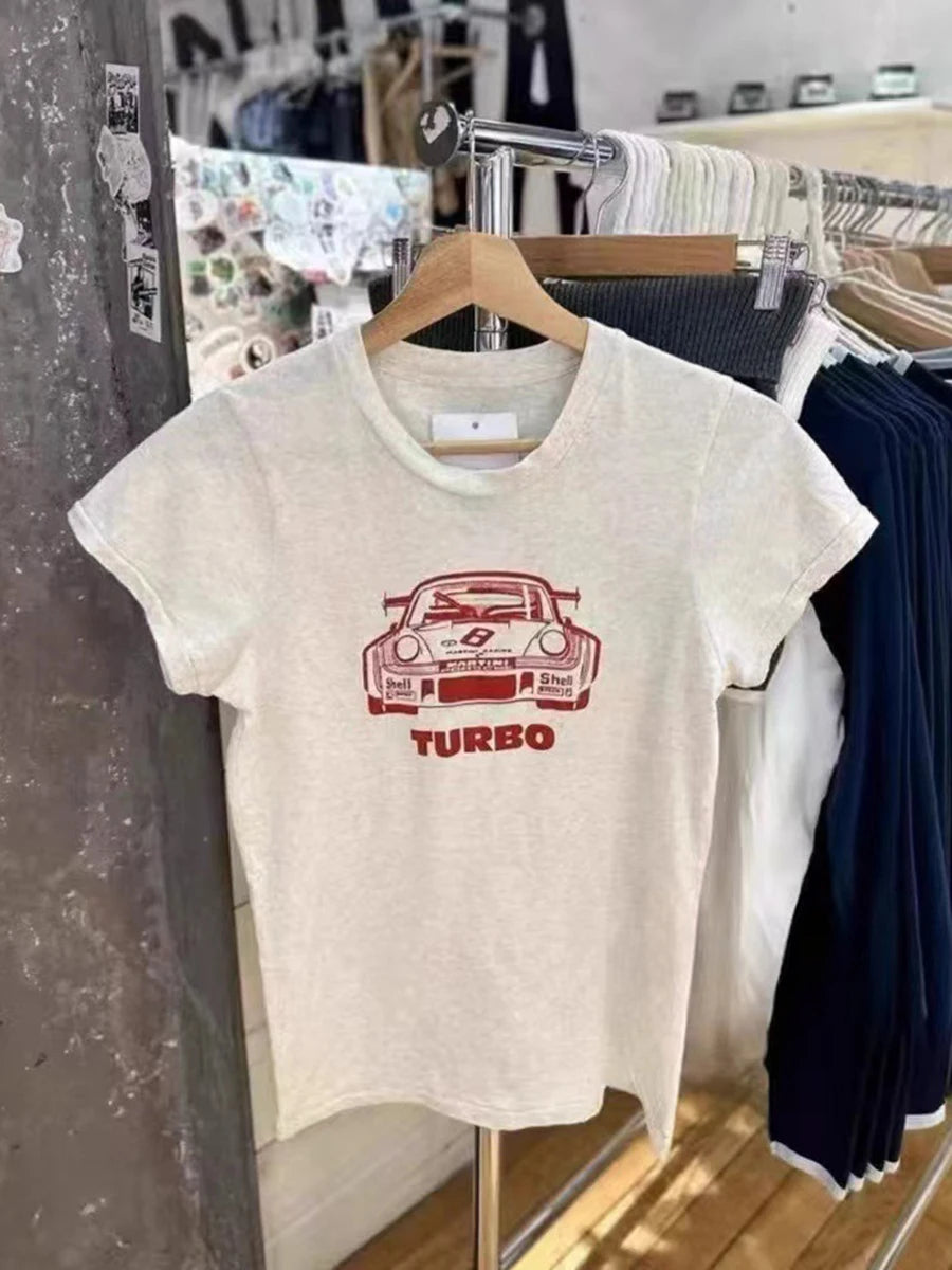 Vintage Car Print T-shirt Women Summer Cotton Casual Streetwear O-neck Short Sleeve Tee Shirts Female Sweet Tshirt Y2K Tops Girl