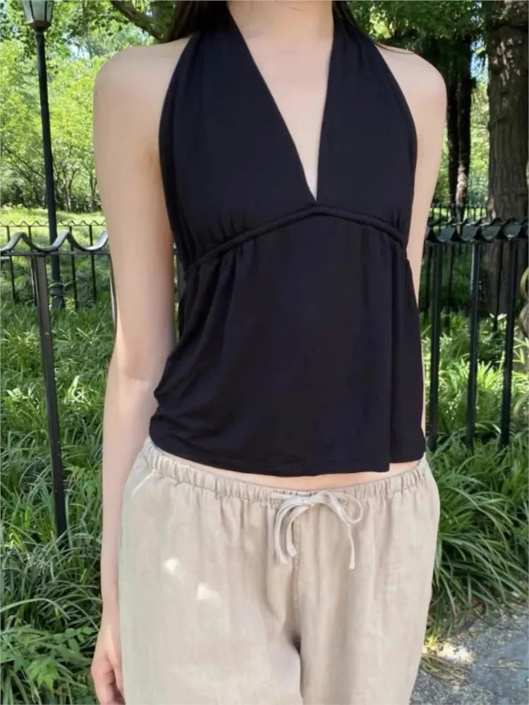 Black Sexy Lace-up Halter Slim Crop Top Woman Summer Cotton Deep V-neck Backless Sleeveless Vests Casual Simple Y2K Camisole New