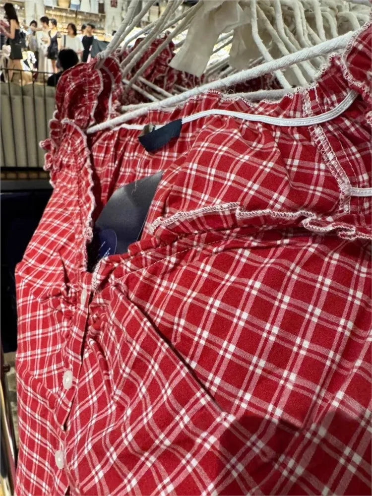 Red Plaid Slim T-shirt Blouse Women Summer Ruffles Single Breasted V-neck Short Puff Sleeve Shirt Female Vintage Sweet Tops New