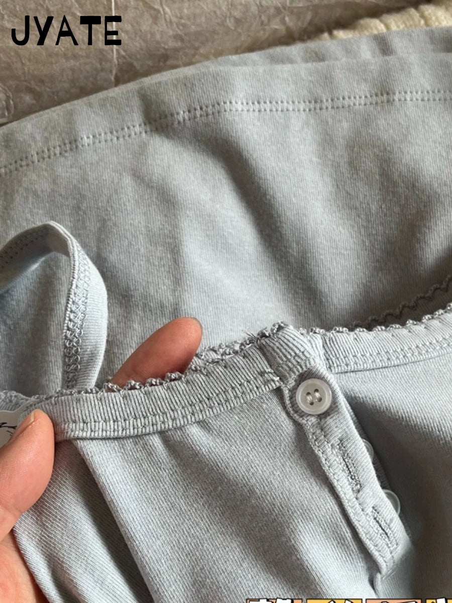 Blue Buttons U-neck Sleeveless Vests Women Summer Cotton Soft Slim Streetwear Casual Tank Tops Femme Sweet Cute Basic Camisole