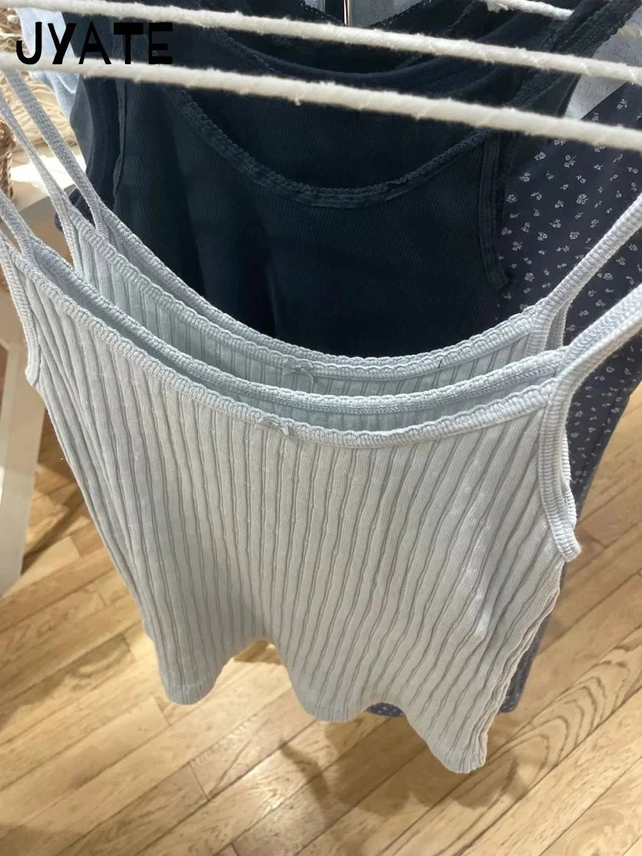 Fashion Blue Bow Texture Cotton Tank Tops Women Casual Cotton Lace Trim Summer Slim Cropped Vest Sweet Cute Vintage Camisole Y2K