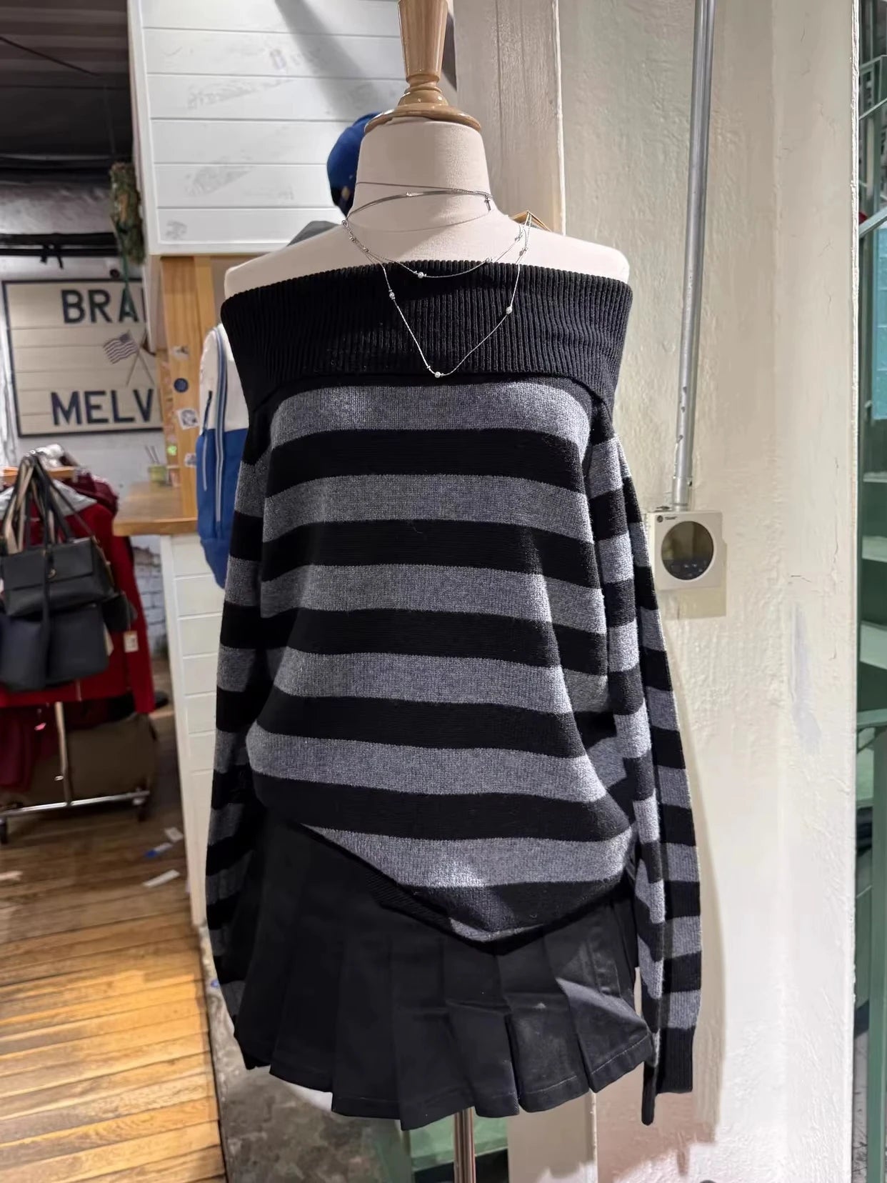 Slash Neck Striped Sweaters for Woman Spring Black Grey Long Sleeve Knitted Pullover Top Casual Vintage Preppy Style Jumper