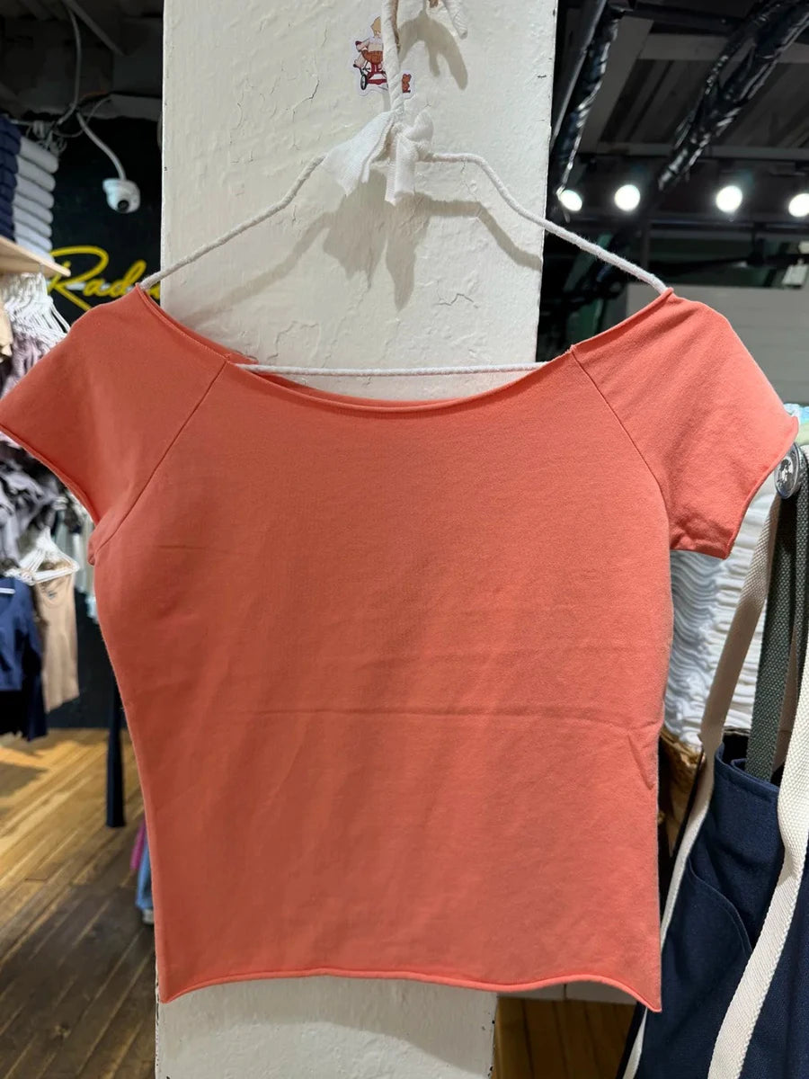 Orange Slash Neck Raw Hem Crop Tops Women Simple All-match Cotton Casual Slim T-shirts Female Sweet Chic Basic Cropped Tees Y2K