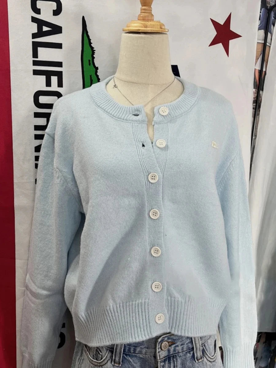 Light Blue Knitted Cardigans Women Casual Cotton Preppy Style Button Sweater Coats Cute Female Vintage Loose Sweet Cardigan Tops
