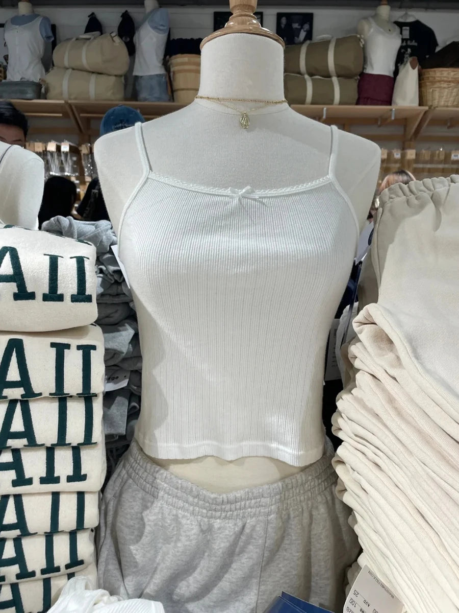 Sweet Pink Eyelet Bow Tank Tops Women Summer Casual Cotton Slim Lace Trim Sleeveless Vests Cute Preppy Style Camisole Y2K Top