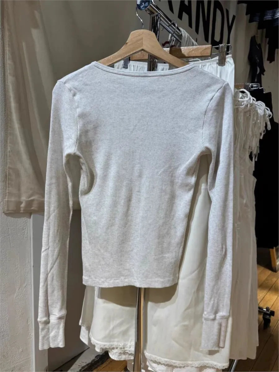 New Buttons Ribbed Slim Long Sleeve T-shirts Women Autumn O-Neck Cotton Tshirts Tops Female Simple Basic Tees Shirt Y2K Clothes