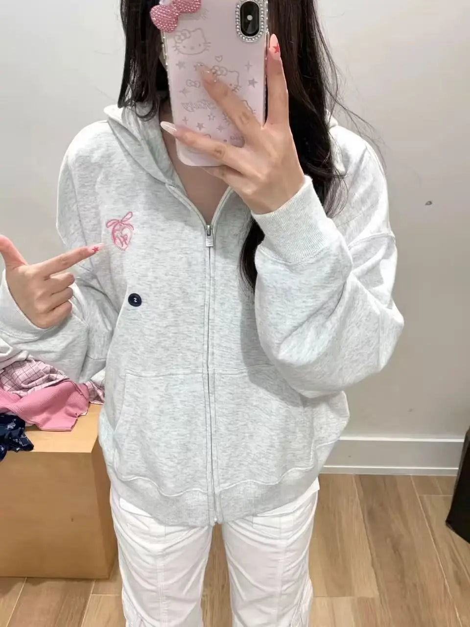 Sweet Gray Zipper Hoodies Women Autumn Casual Pockets Drawstring Hoodie Tops Vintage Loose Preppy Style Y2K Sweatshirts Coat Y2K