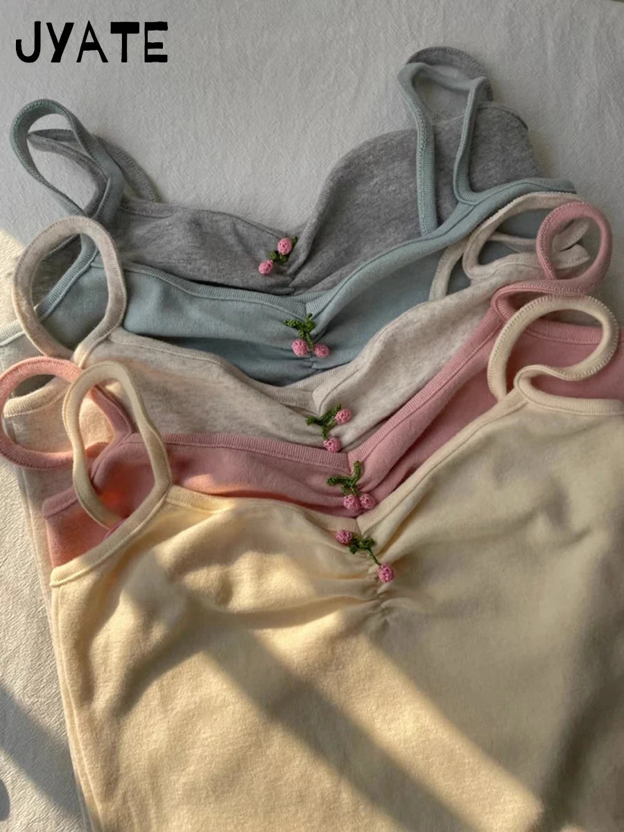 New Sweet Tie Flowers Fungus Trim Camis Women Cotton Streetwear Slim Simple Cropped Vests Cute Basic Preppy Style Tank Tops Y2K