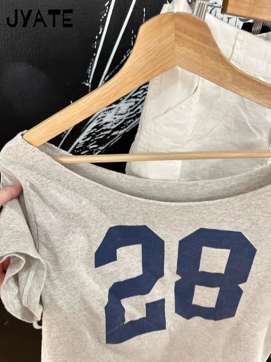 28 Print Slash Neck T-shirts Women Summer New Cotton Soft Gray Raw Hem Short Sleeve Crop Tops Vintage Chic Streetwear Tshirt Y2K