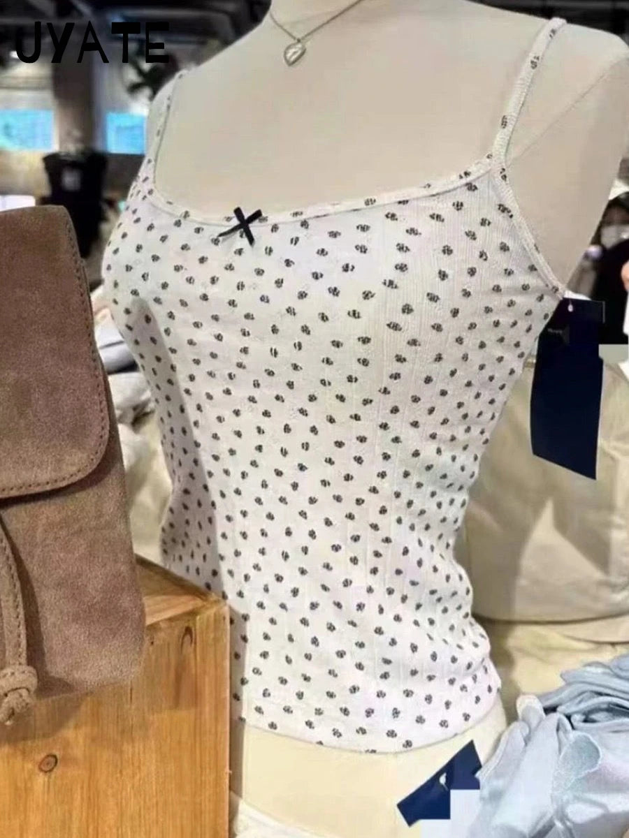 Sweet Floral Print Black Bow Camisole Women Summer New Cotton Casual Simple Preppy Vests Female Vintage Cute Chic Y2K Tank Tops