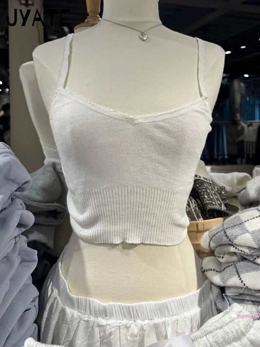 Simple Basic White Slim V-neck Crop Tops Women New Cotton Knitted Casual Sleeveless Tank Tops Sweet Cute Vintage Camisole Y2K