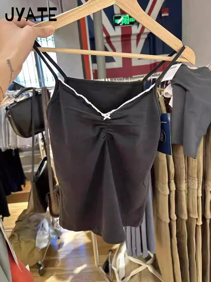 Lace Trim V-neck Folds Camisole Women Summer New Black Cotton Slim Bow Cropped Sleeveless Vests Vintage Sexy Sweet Tank Tops Y2K