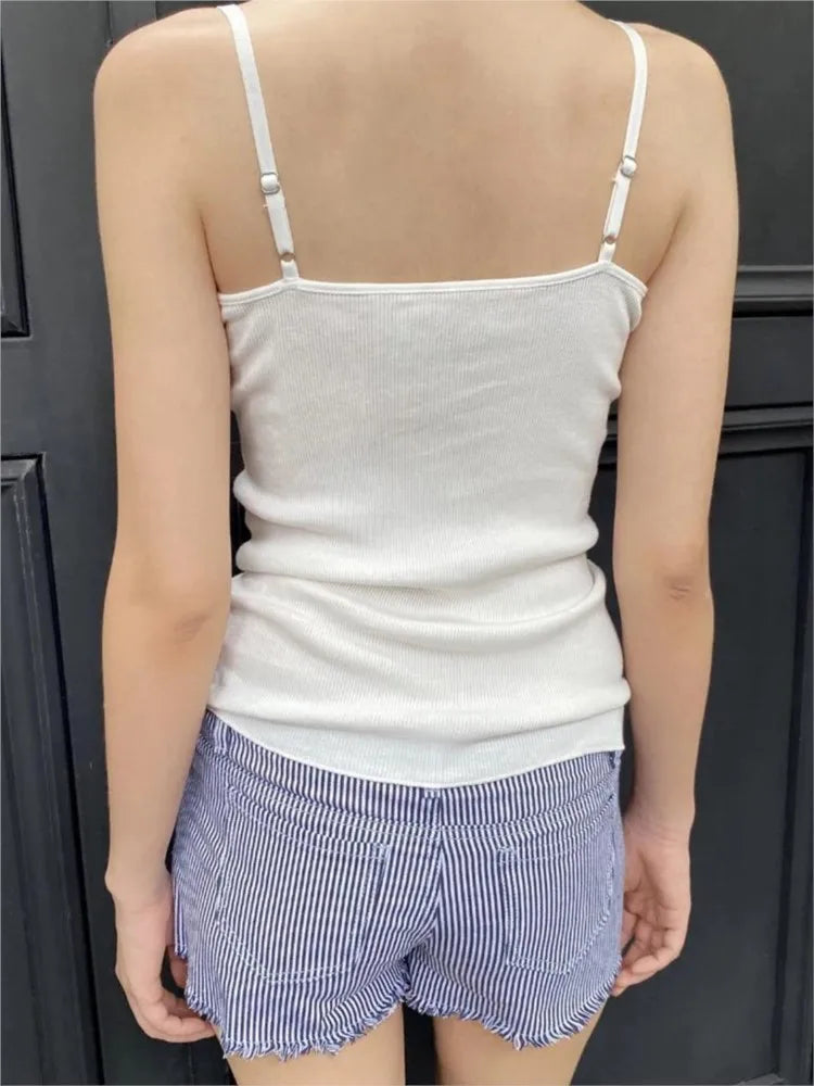 Fashion White Lace Trim Button Ribbed Slim Tank Top Women Summer Sleeveless Cotton Simple Vest Vintage Sweet Basic Camis Y2K Top