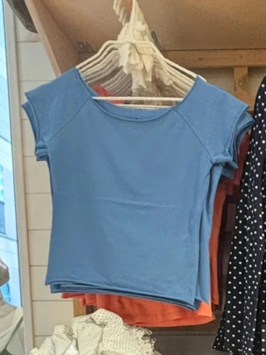 Electric Blue Slash Neck Crop Tops Women Simple All-match Cotton Slim Raw Hem T-shirts Vintage Preppy Style Cropped Tees New