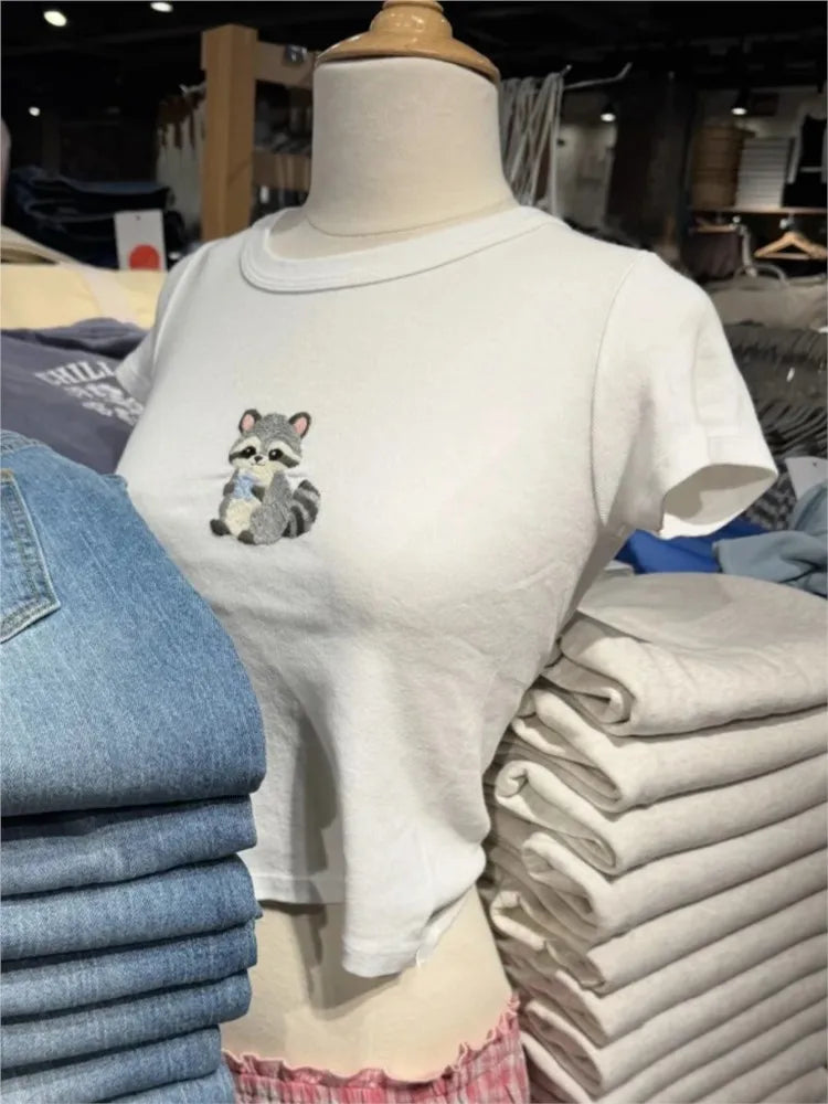 Cute Koala Embroidery Crop Tops Women Summer Casual Slim Cotton Cropped Short Sleeve Tees Female Sweet Preppy Style T-shirts Y2K