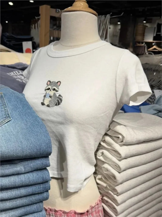 Cute Koala Embroidery Crop Tops Women Summer Casual Slim Cotton Cropped Short Sleeve Tees Female Sweet Preppy Style T-shirts Y2K