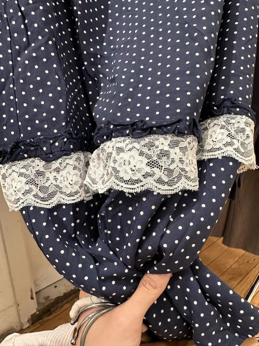 Navy Polka Dot Midi Skirt Women Summer Casual Lace Ruffles Patchwork A-line Long Faldas Female Sweet Vintage Preppy Style Skirts