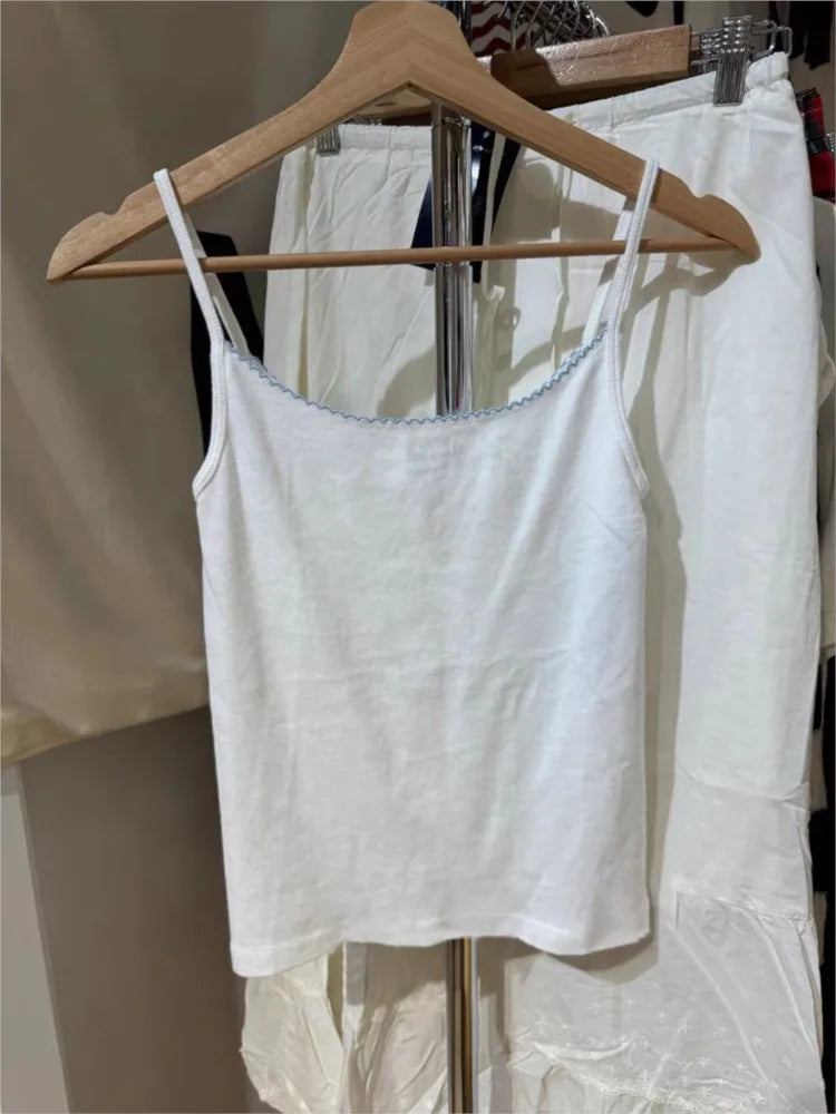 Sweet Floral Embroidery Lace Trim Camisole Women Spring Slim Sleeveless Cotton Tank Top Cute Preppy Style Chic Vest Y2K Tops New
