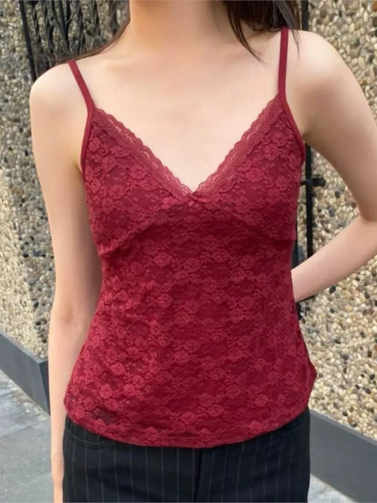 Claret Lace Bow V-Neck Tank Top Summer Sleeveless Thin Slim Sleeveless Vest Women Sweet Vintage Streetwear Sexy Crop Tops Y2k