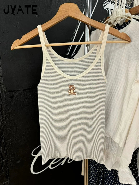 Little Bear Embroidery Slim Tank Tops Women Summer New Casual Cotton Soft U Collar Sleeveless Vests Vintage Sweet Cute Camis Y2K